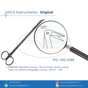 PRIME MIS  Affan Micro Scissors - Round Handle, ceramic coating  Super Cut,  welded cutting edges, vascular,  180 mm  - 125°
