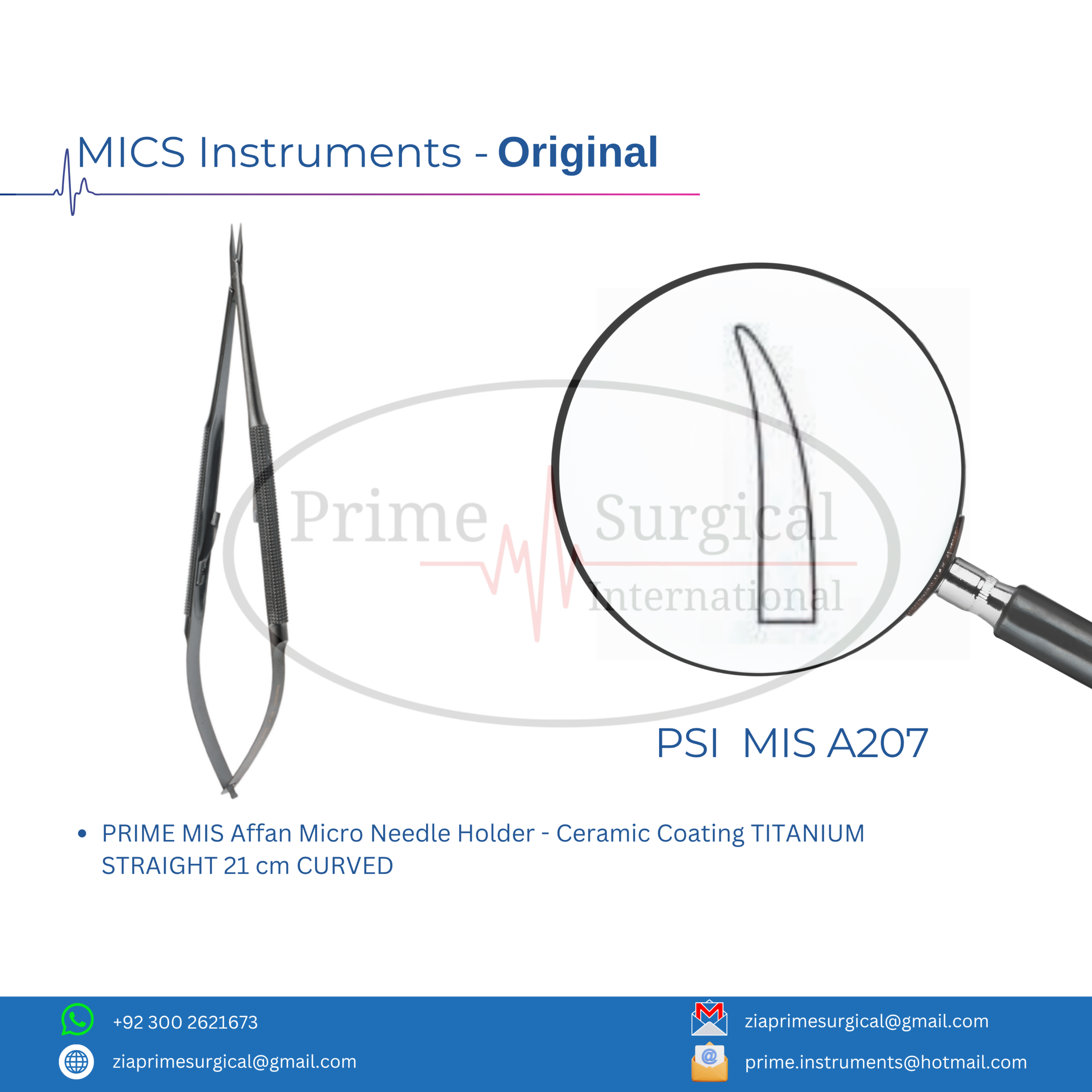 PRIME MIS Affan Micro Needle Holder - Ceramic Coating TITANIUM STRAIGHT 21 cm CURVED
