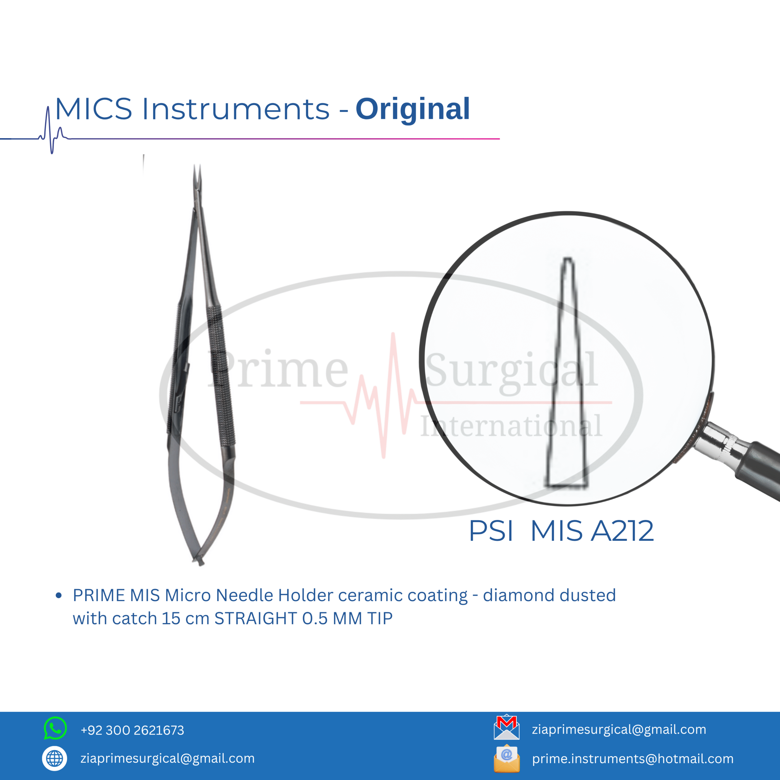 PRIME MIS Micro Needle Holder ceramic coating - diamond dusted with catch 15 cm STRAIGHT 0.5 MM TIP