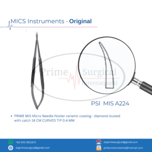 PRIME MIS Micro Needle Holder ceramic coating - diamond dusted with catch 18 CM CURVED TIP 0.4 MM