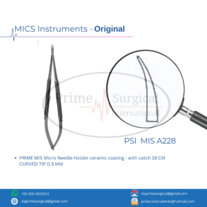 PRIME MIS Micro Needle Holder ceramic coating - with catch 18 CM CURVED TIP 0.5 MM
