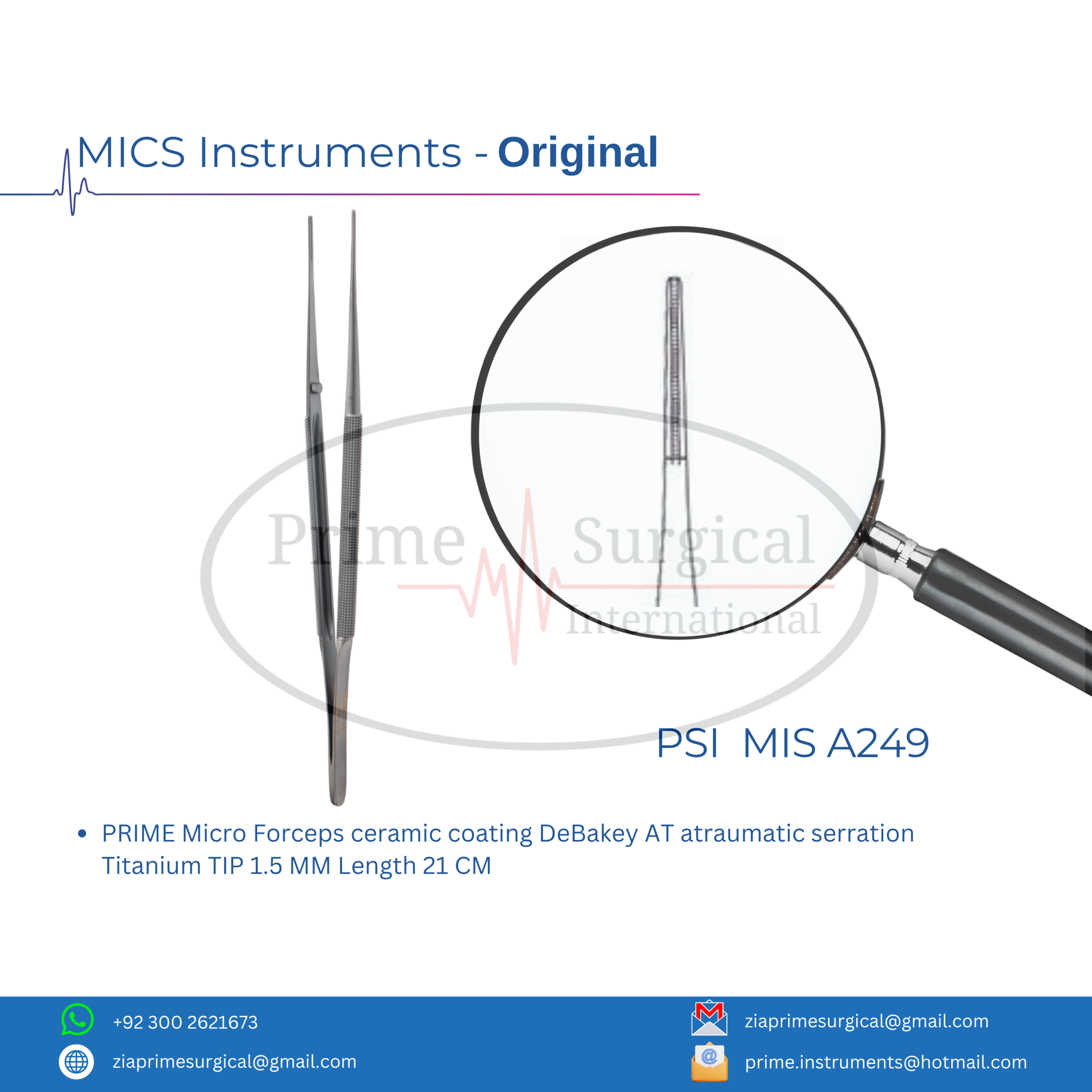 PRIME Micro Forceps ceramic coating DeBakey AT atraumatic serration Titanium TIP 1.5 MM Length 21 CM