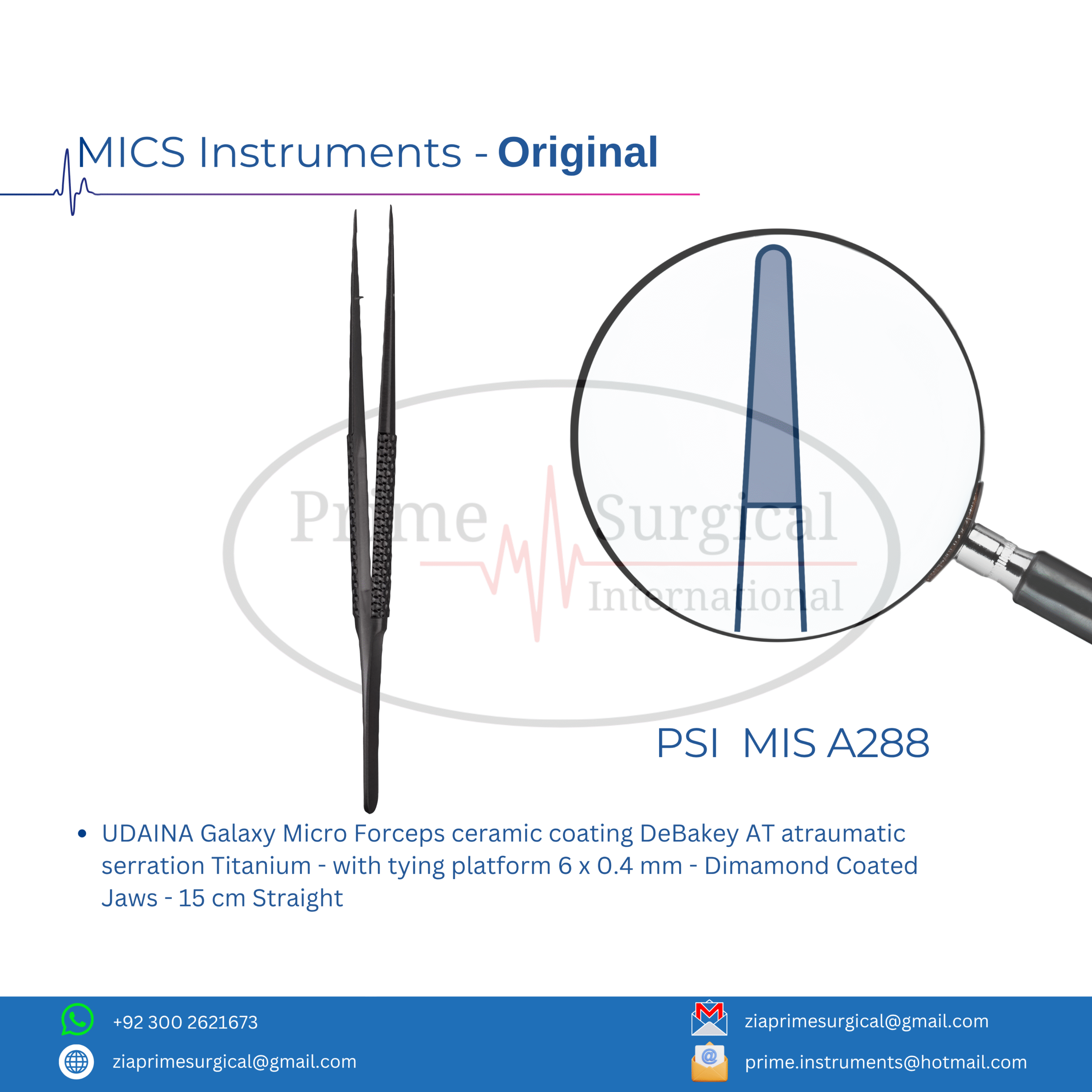 UDAINA Galaxy Micro Forceps ceramic coating DeBakey AT atraumatic serration Titanium - with tying platform 6 x 0.4 mm - Dimamond Coated Jaws - 15 cm Straight
