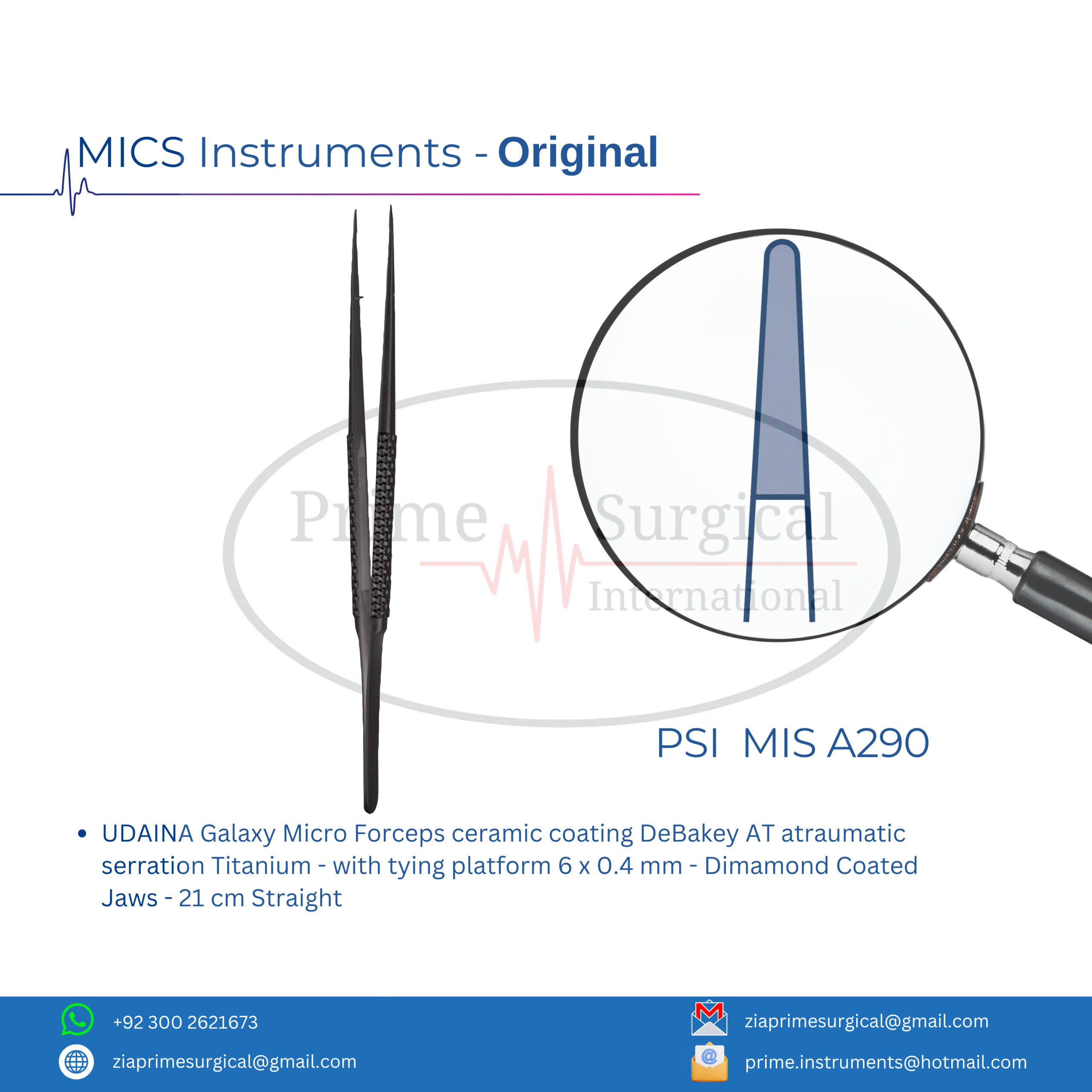 UDAINA Galaxy Micro Forceps ceramic coating DeBakey AT atraumatic serration Titanium - with tying platform 6 x 0.4 mm - Dimamond Coated Jaws - 21 cm Straight
