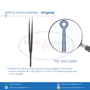 UDAINA Micro Ring Forceps ceramic coating DeBakey AT atraumatic serration Titanium with ring  Ø 10 mm x 0.5 mm TIP diamond coated jaws - 15 cm Straight