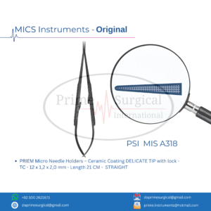 PRIEM Micro Needle Holders – Ceramic Coating DELICATE TIP with lock - TC - 12 x 1,2 x 2,0 mm - Length 21 CM -  STRAIGHT