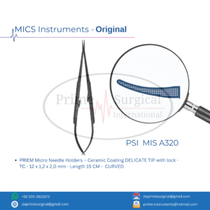PRIEM Micro Needle Holders – Ceramic Coating DELICATE TIP with lock - TC - 12 x 1,2 x 2,0 mm - Length 15 CM -  CURVED