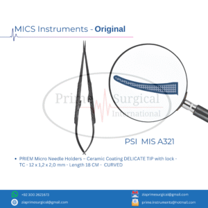 PRIEM Micro Needle Holders – Ceramic Coating DELICATE TIP with lock - TC - 12 x 1,2 x 2,0 mm - Length 18 CM -  CURVED