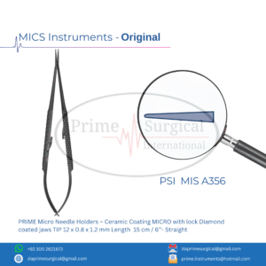 PRIME Micro Needle Holders – Ceramic Coating MICRO with lock Diamond coated jaws TIP 12 x 0.8 x 1.2 mm Length  15 cm / 6’’- Straight