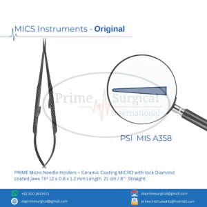 PRIME Micro Needle Holders – Ceramic Coating MICRO with lock Diamond coated jaws TIP 12 x 0.8 x 1.2 mm Length  21 cm / 8’’- Straight