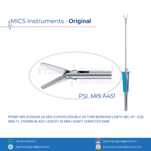 PRIME MIS SCISSOR 16 DEG CURVED DOUBLE ACTION WORKING LENTH (WL) 9"- (235 MM) TL 370MM| BLADE LENGTH 15 MM | SHAFT DIAMETER 5MM