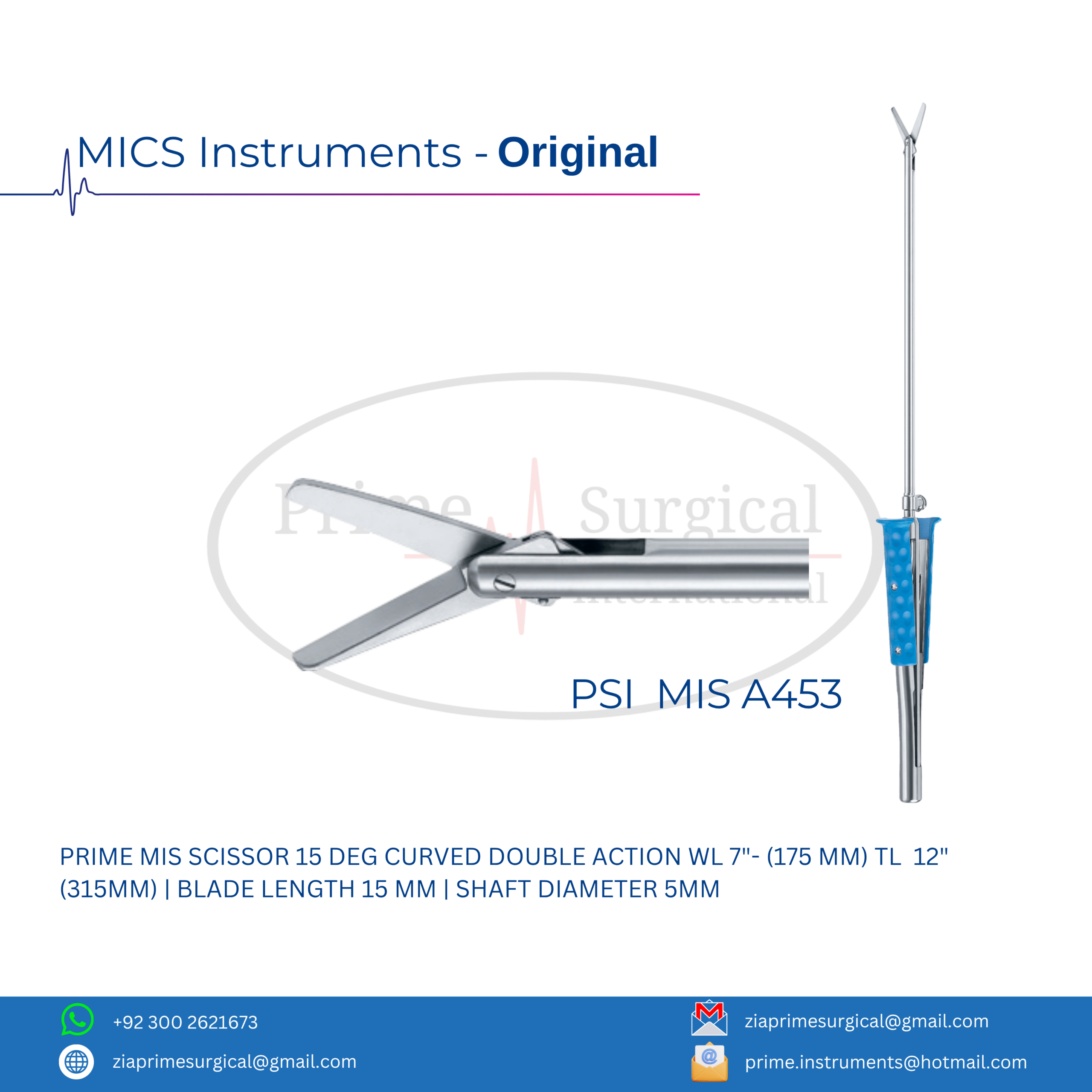 PRIME MIS SCISSOR 30 DEG CURVED DOUBLE ACTION WORKING LENGTH 7"- (175 MM) TL 12'' (315MM)| BLADE LENGTH 15 MM | SHAFT DIAMETER 5MM