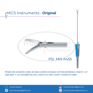 PRIME MIS SCISSOR LONG 30 DEG CURVED DOUBLE ACTION WORKING LENGTH  11"- (285 MM) TL 16''(420MM)| BLADE LENGTH 15 MM | SHAFT DIAMETER 5MM