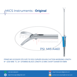 PRIME MIS SCISSOR STD SIZE 70 DEG CURVED DOUBLE ACTION WORKING LENGTH  9"- (230 MM)  TL 14'' (370MM)| BLADE LENGTH 15 MM | SHAFT DIAMETER 5MM