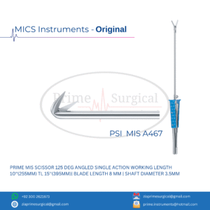 PRIME MIS SCISSOR 125 DEG ANGLED SINGLE ACTION WORKING LENGTH 10''(255MM) TL 15''(395MM)| BLADE LENGTH 8 MM | SHAFT DIAMETER 3.5MM