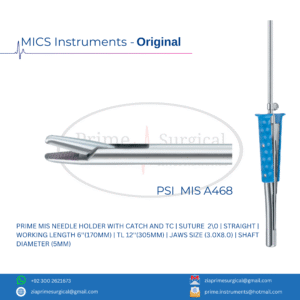 PRIME MIS NEEDLE HOLDER WITH CATCH AND TC | SUTURE  2  | STRAIGHT | WORKING LENGTH 6''(170MM) | TL 12''(305MM) | JAWS SIZE (3.0X8.0) | SHAFT DIAMETER (5MM)